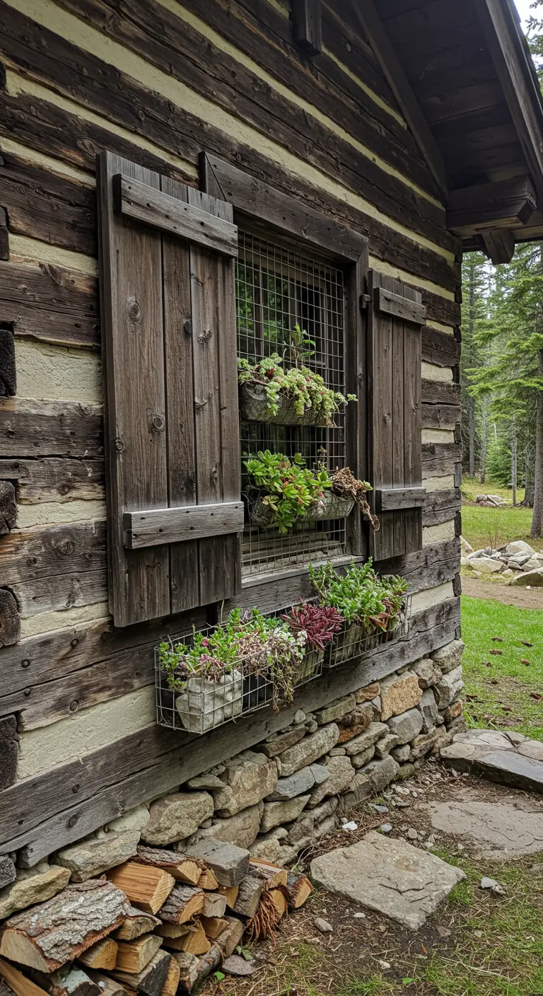 Rustic wood shutters with succulent planters framing the window of a log cabin.