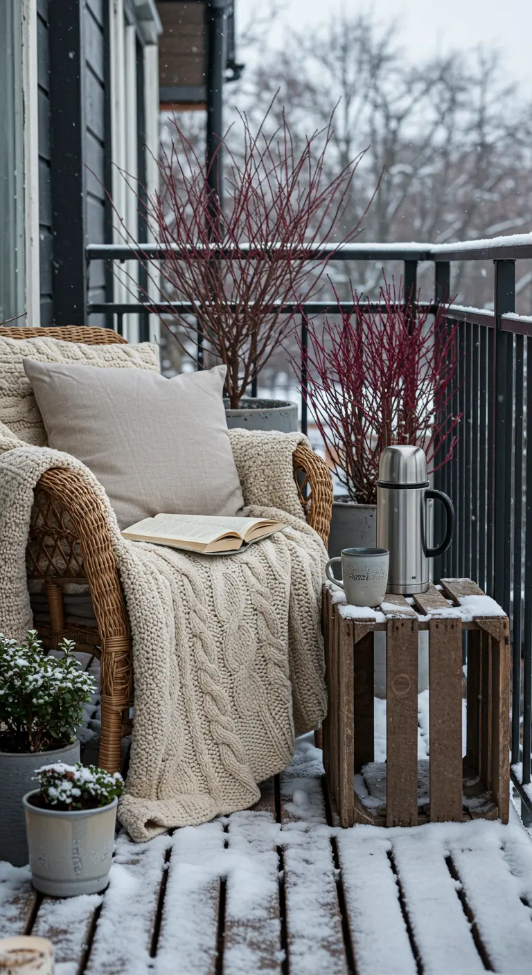 A cozy wicker chair with a cable-knit blanket, a book, and a thermos on a snowy balcony.