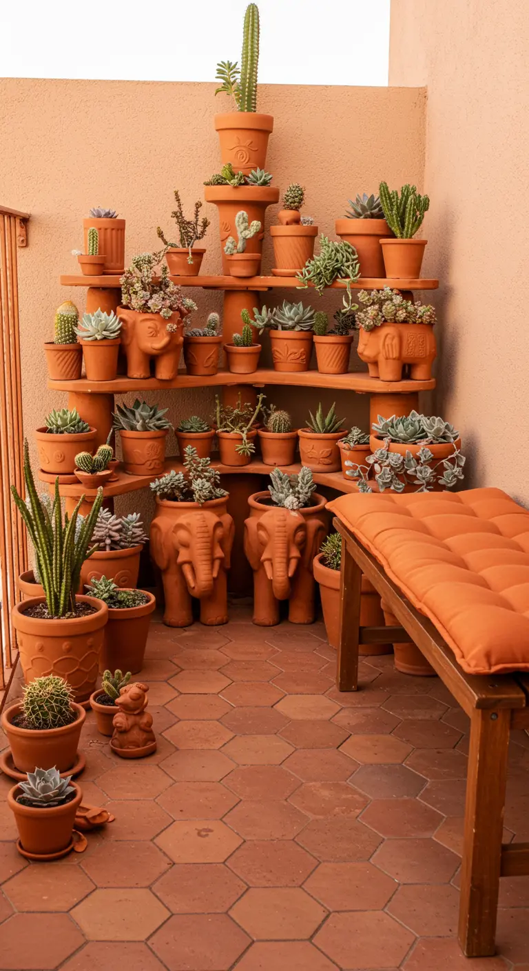 A balcony filled with tiered shelves of cacti and succulents in terracotta elephant planters.