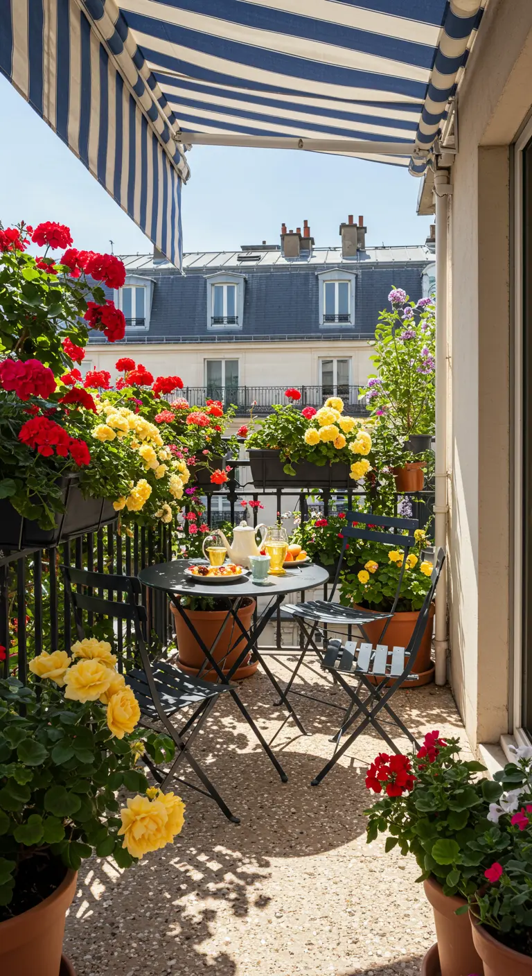 Parisian balcony with a striped awning, bistro set, and vibrant red and yellow flowers.