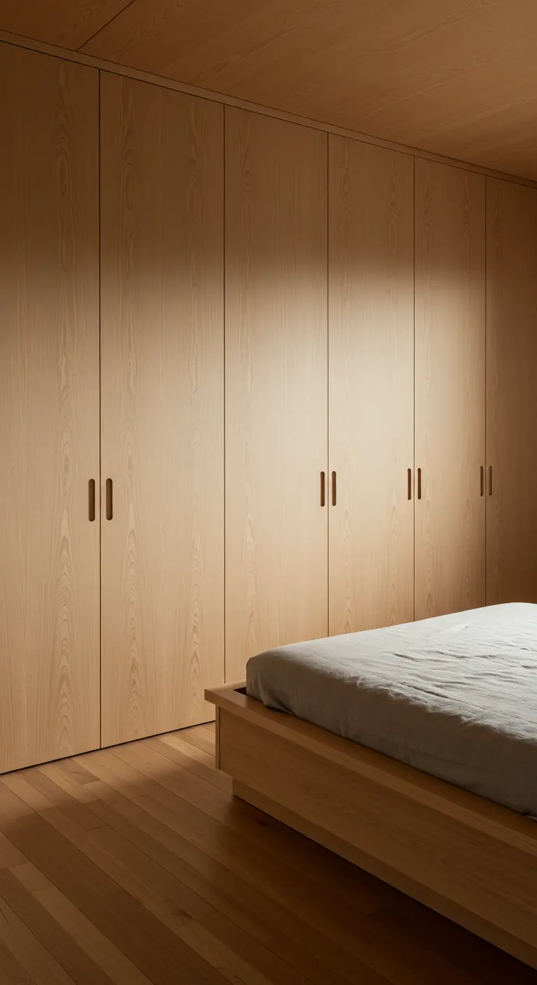 Minimalist bedroom with seamless, light wood floor-to-ceiling closets.