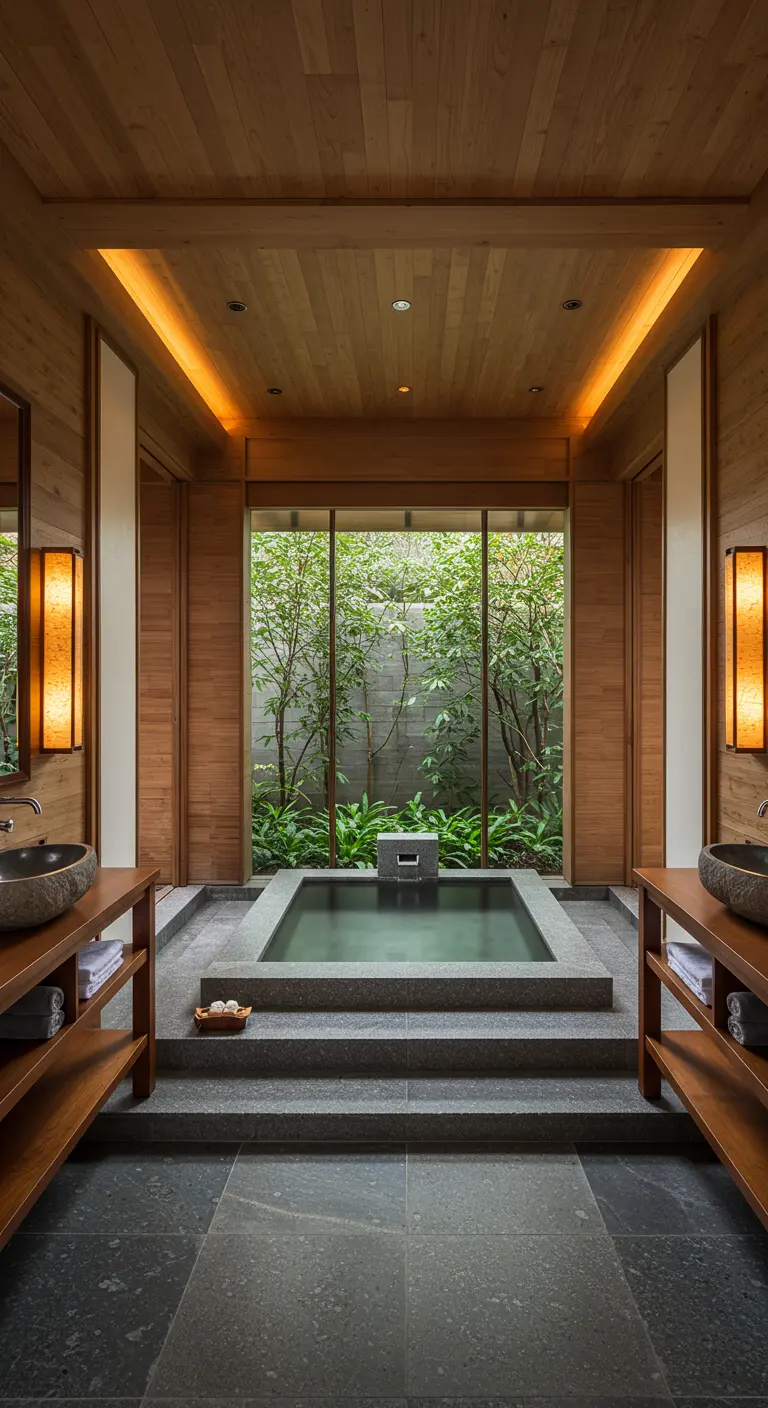 Symmetrical bathroom with a central sunken tub facing a garden view, flanked by two vanities.