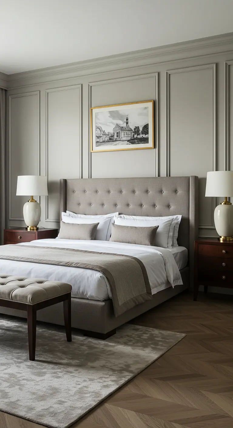 Symmetrical bedroom with a gray tufted headboard and matching bedside tables and lamps.