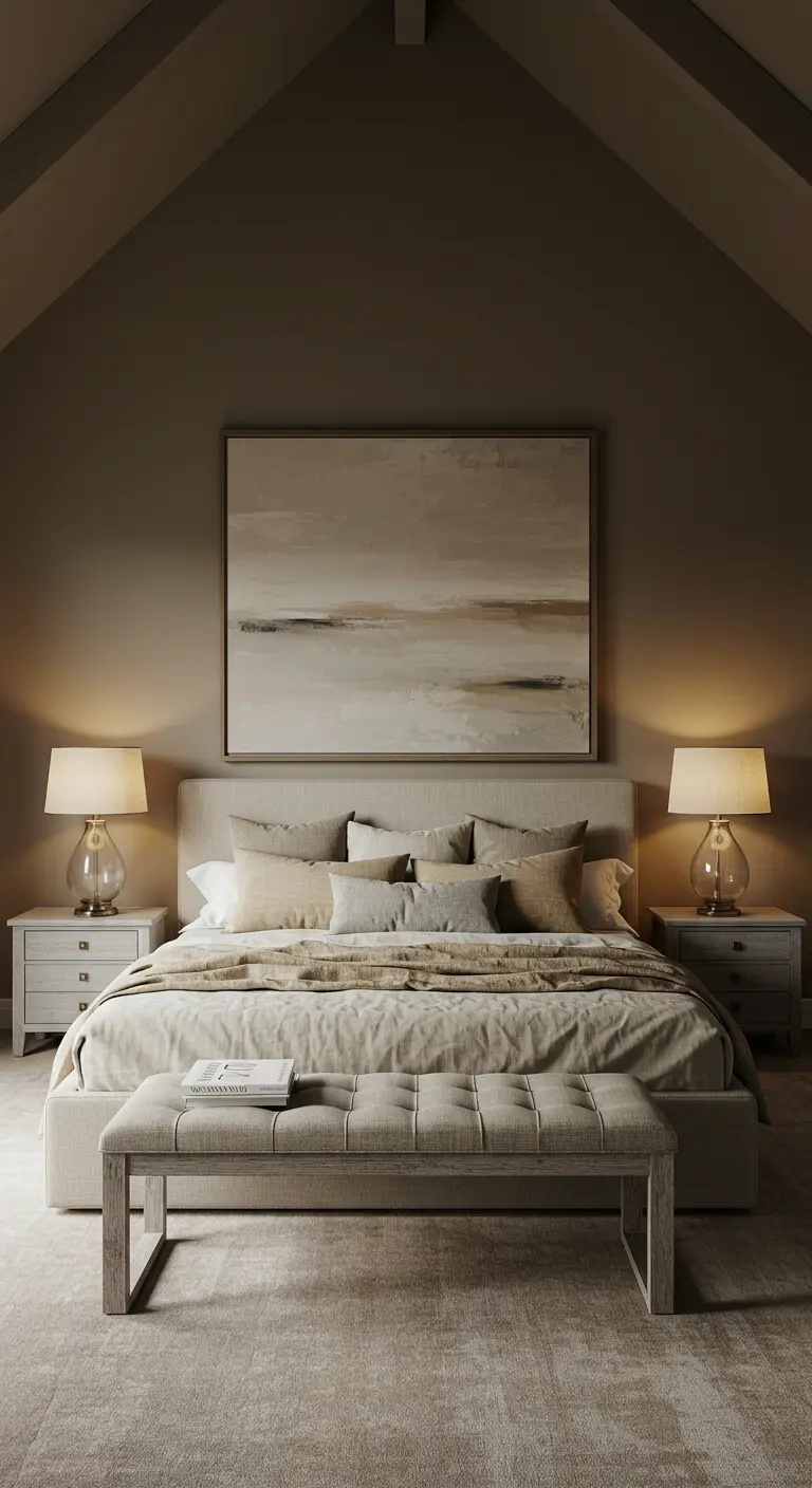 Symmetrical bedroom with a taupe upholstered bed and a large abstract painting.
