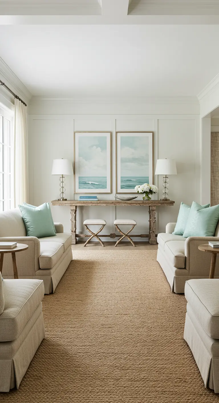 A formal living room with two facing sofas, a large console table, and symmetrical decor.