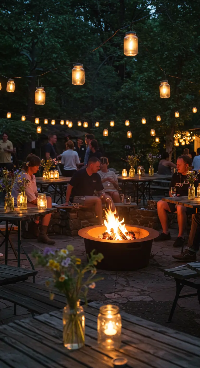 People gathered around a fire pit at night, with string lights overhead and small flower vases.