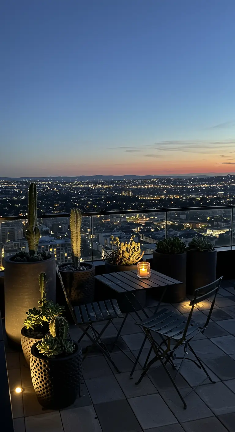 A balcony at night overlooking a city, with a bistro set lit by a single large candle.