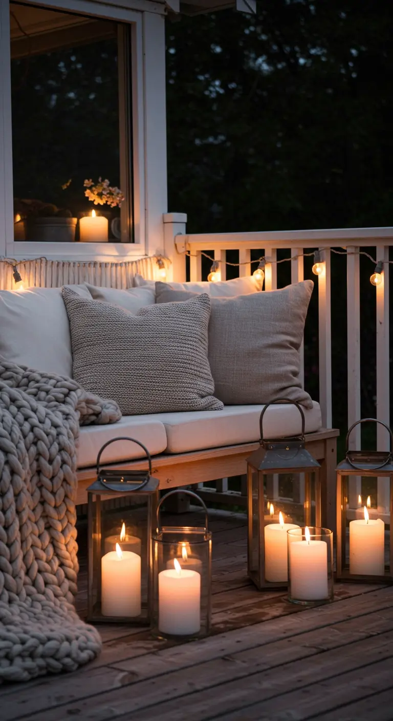 A cozy balcony with a wood bench, knit blankets, pillows, and many candle lanterns.