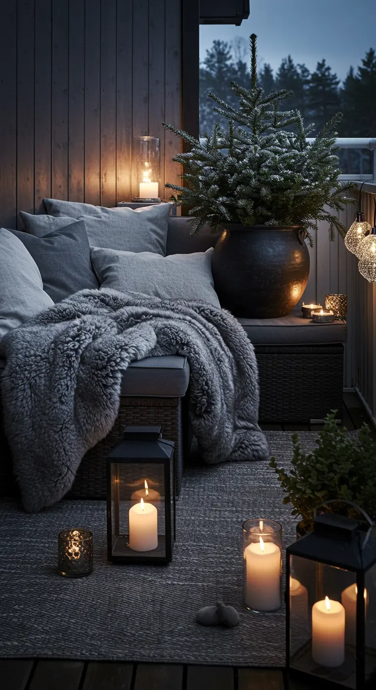 Dark, cozy balcony with grey pillows, a fur throw, and many glowing candles.