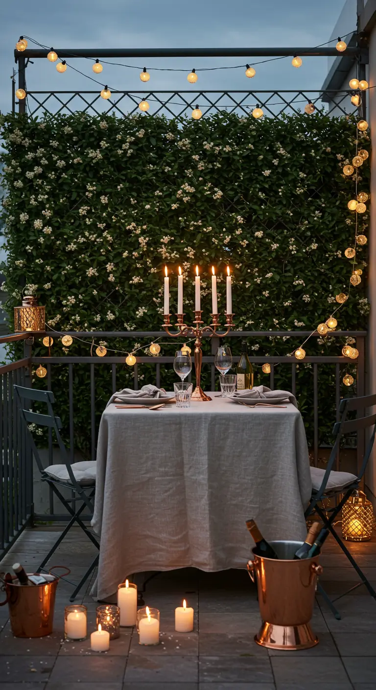 A romantic balcony set for dinner with a candelabra, string lights, and a copper ice bucket.