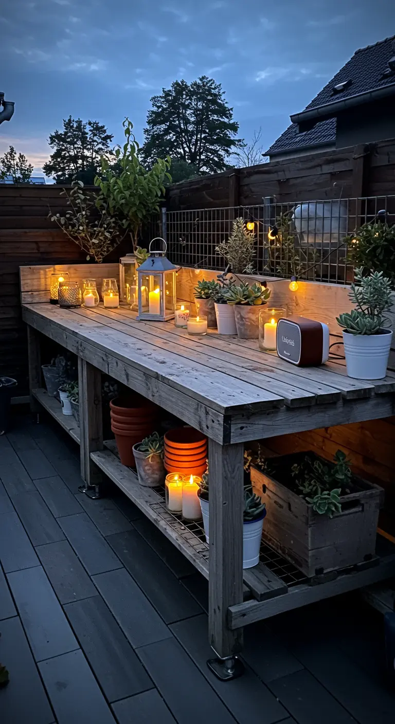 A rustic potting bench on a deck at dusk, beautifully illuminated by numerous candles and lanterns.