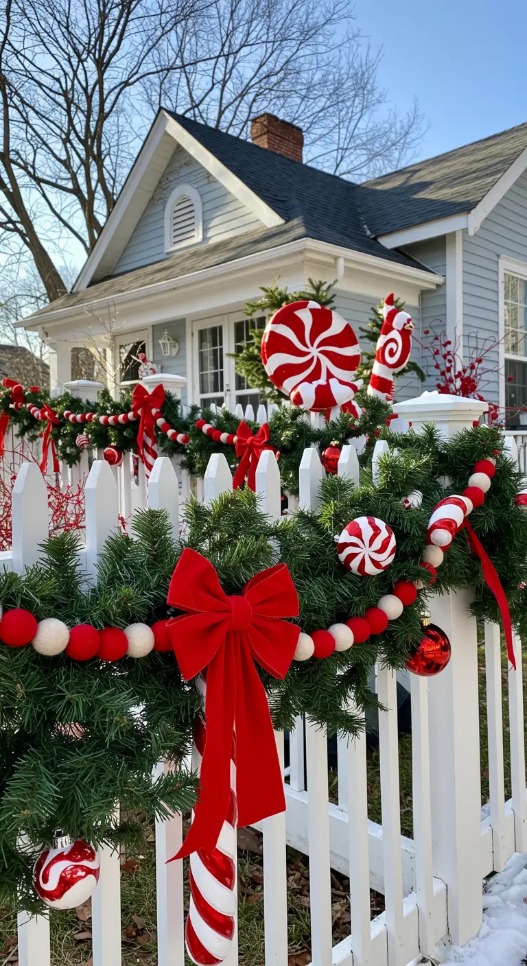 White picket fence covered in pine garland, red bows, and candy-themed ornaments.