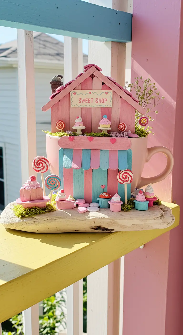 A pink mug serves as the base for a miniature candy shop fairy garden in pastel colors.