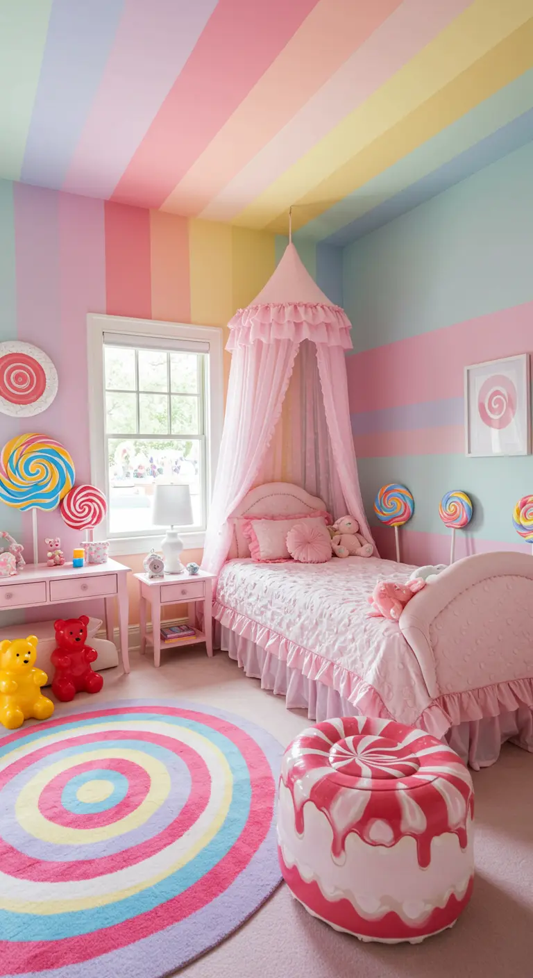 Child's room with rainbow stripes on walls and ceiling, and candy-themed decor.