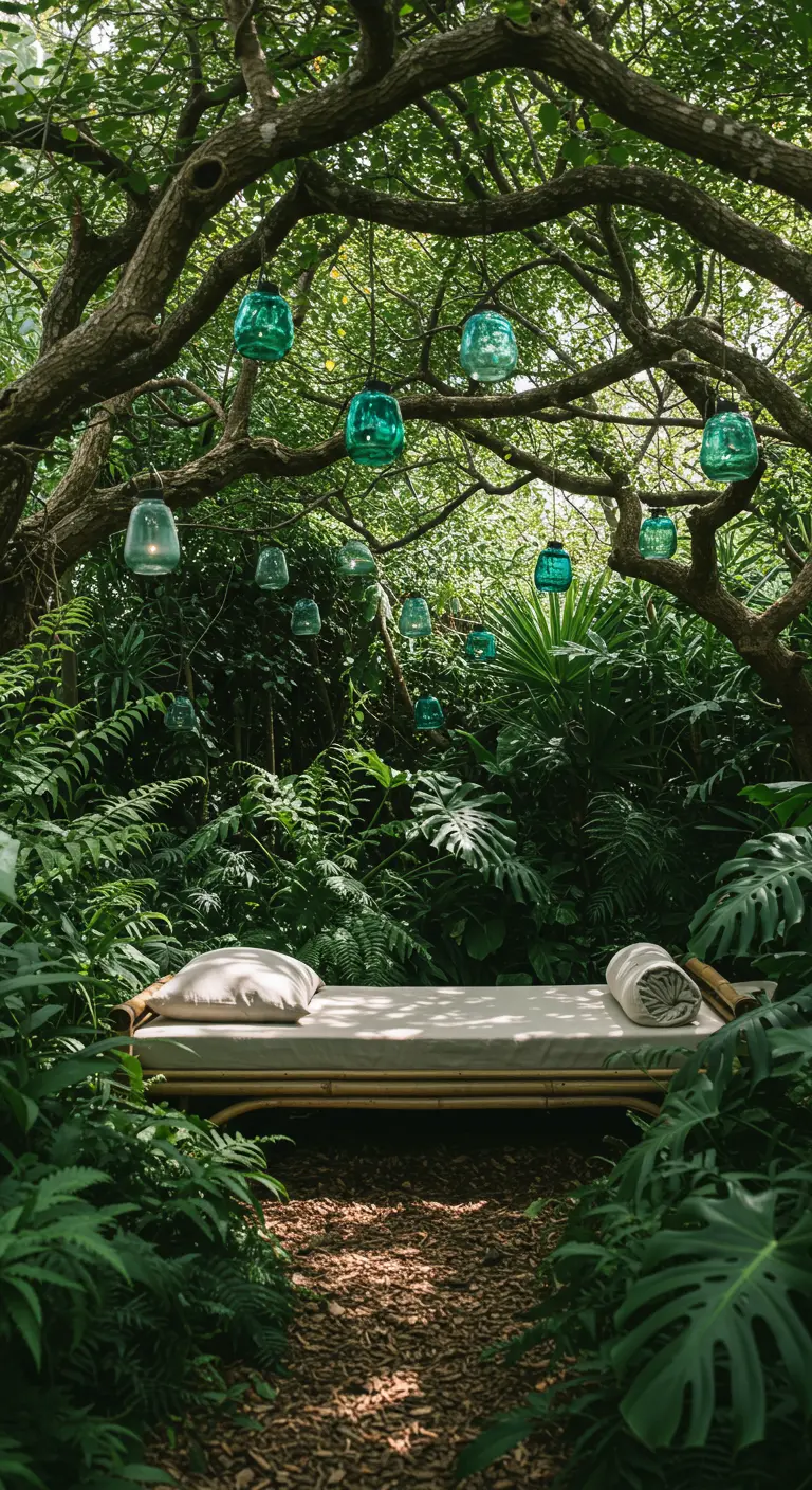 Bamboo daybed in a lush jungle clearing with green glass lanterns hanging from tree branches.