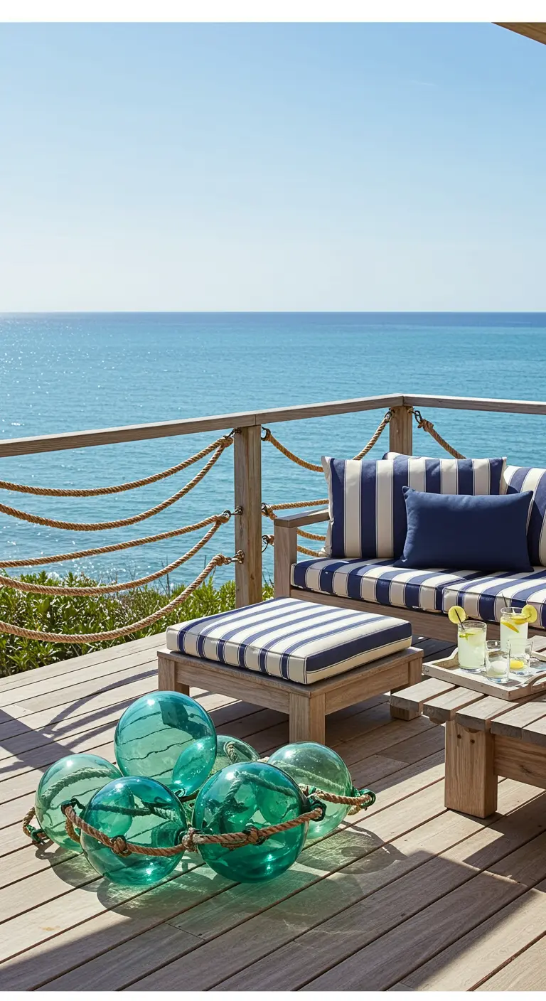 A seaside balcony with a rope railing and blue and white striped cushions.