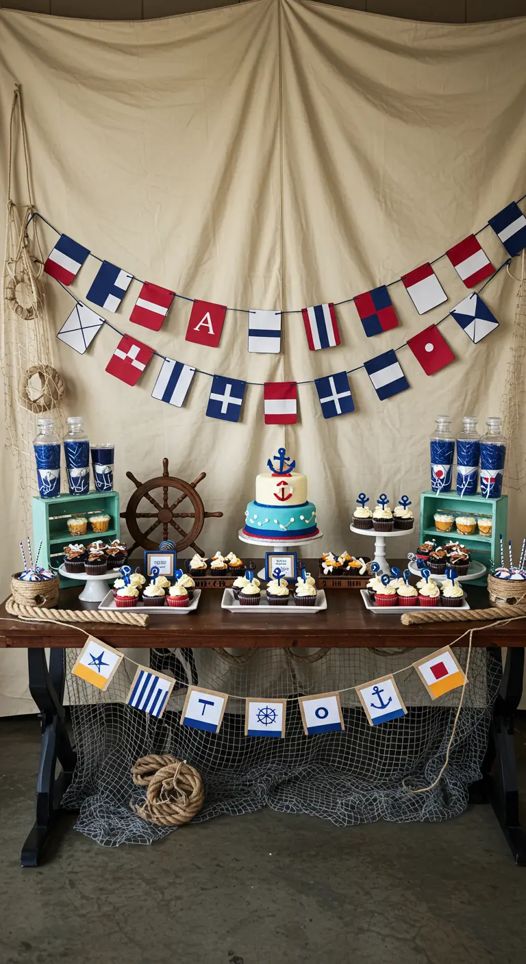 Nautical dessert table with flag banner, ship's wheel, and anchor-themed cupcakes.