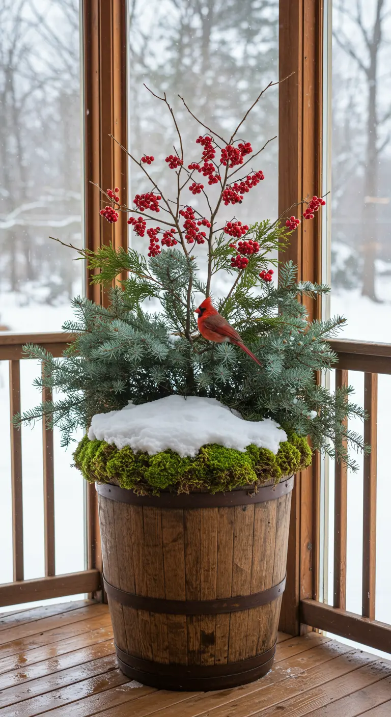 A bright red cardinal perched on a blue spruce in a large barrel planter with red berries.