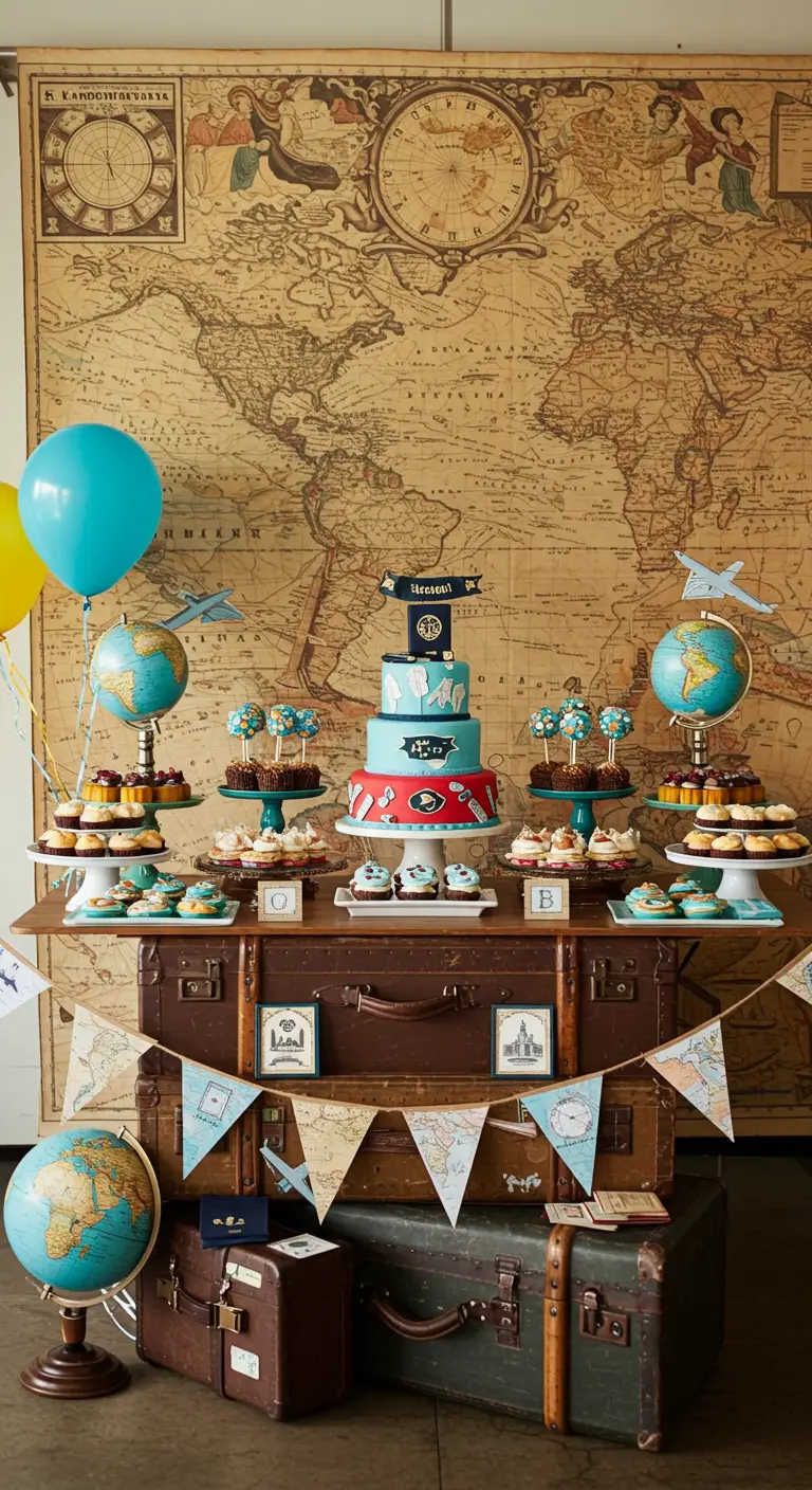 Dessert table on stacked trunks in front of a giant world map.