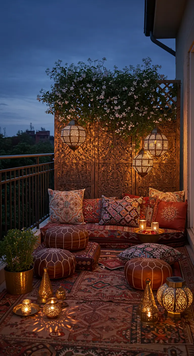 A balcony with intricately carved wooden screens, hanging Moroccan lanterns, and patterned cushions.