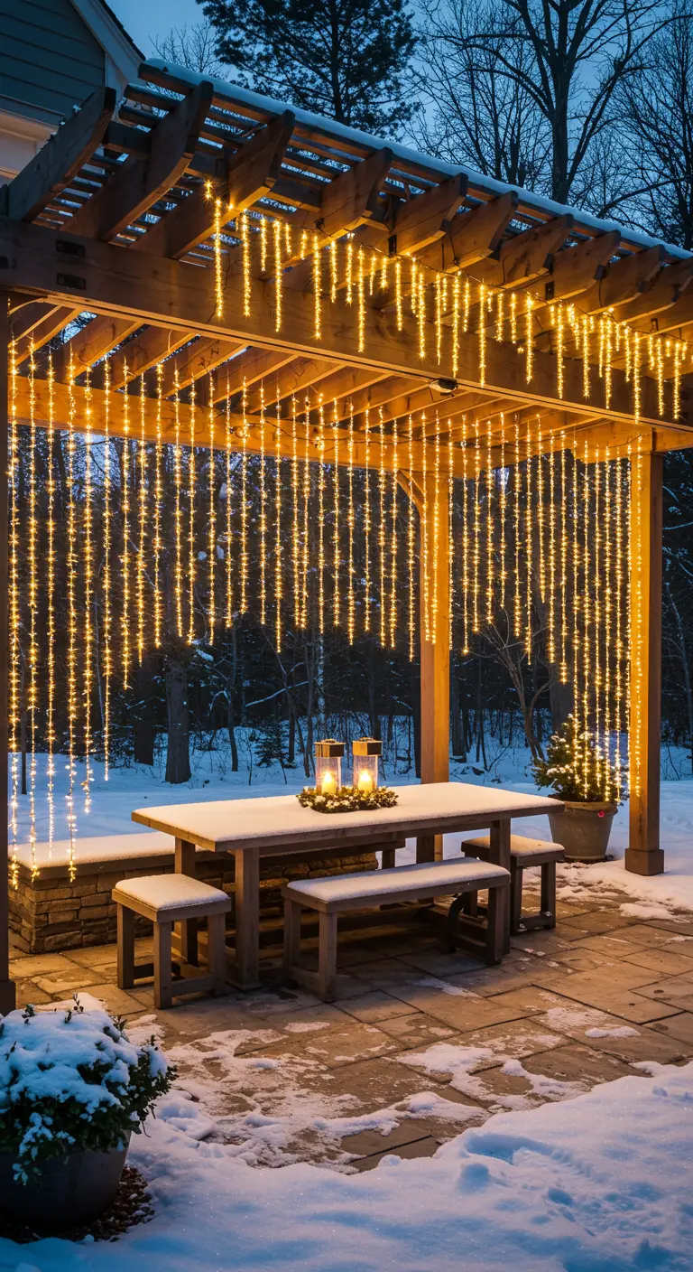 A pergola with a curtain of golden icicle lights over a snow-covered patio table.
