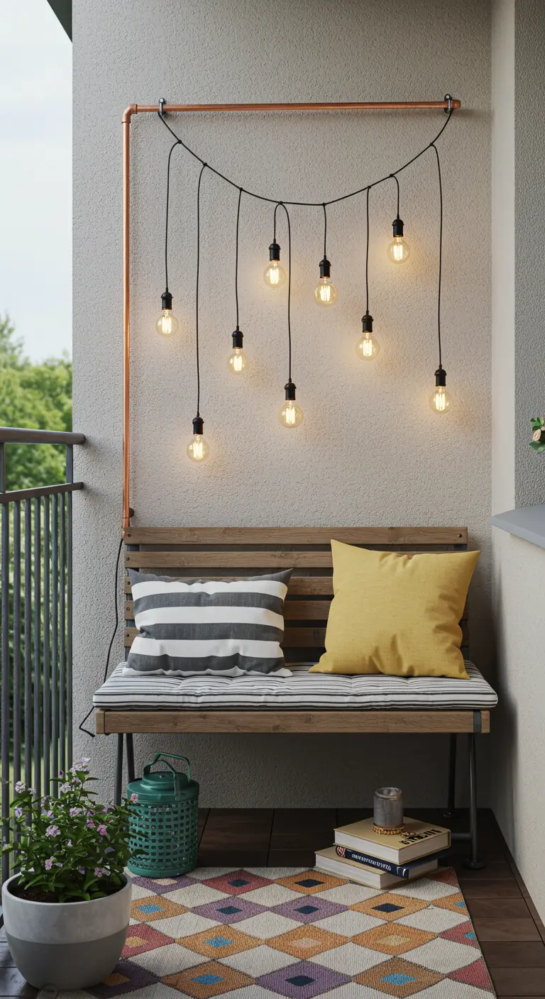 A wall-mounted copper pipe with string lights cascading down behind a wooden bench.