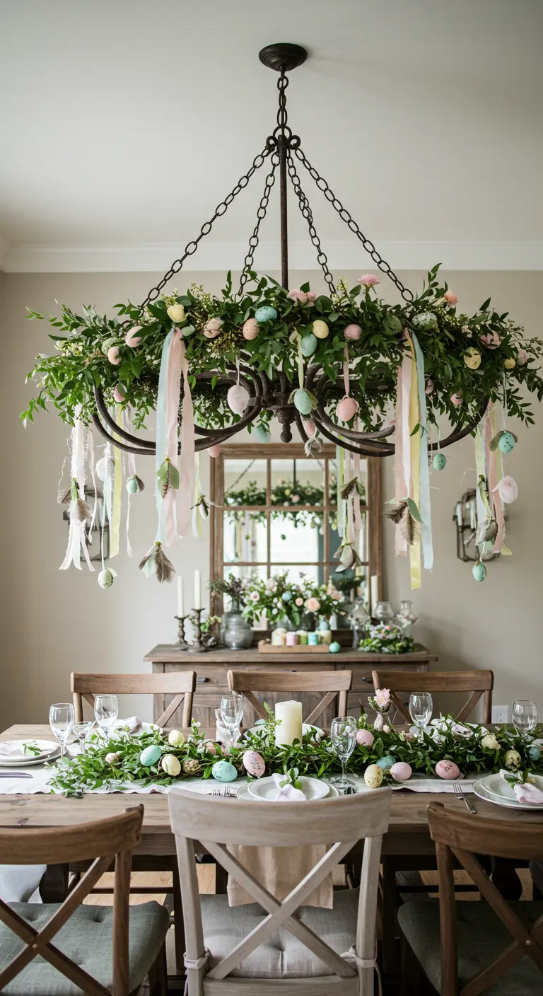 A rustic chandelier decorated with greenery, pastel ribbons, and hanging Easter eggs.