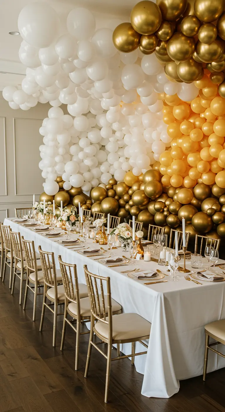 A massive balloon installation in white and gold cascading over a long dining table.