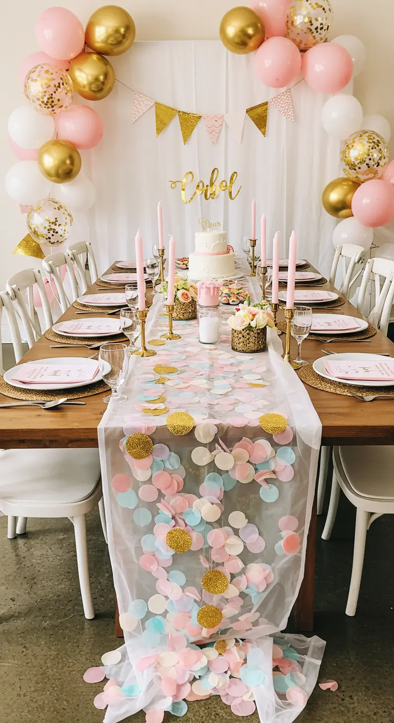 Sheer table runner filled with pastel and gold confetti circles.