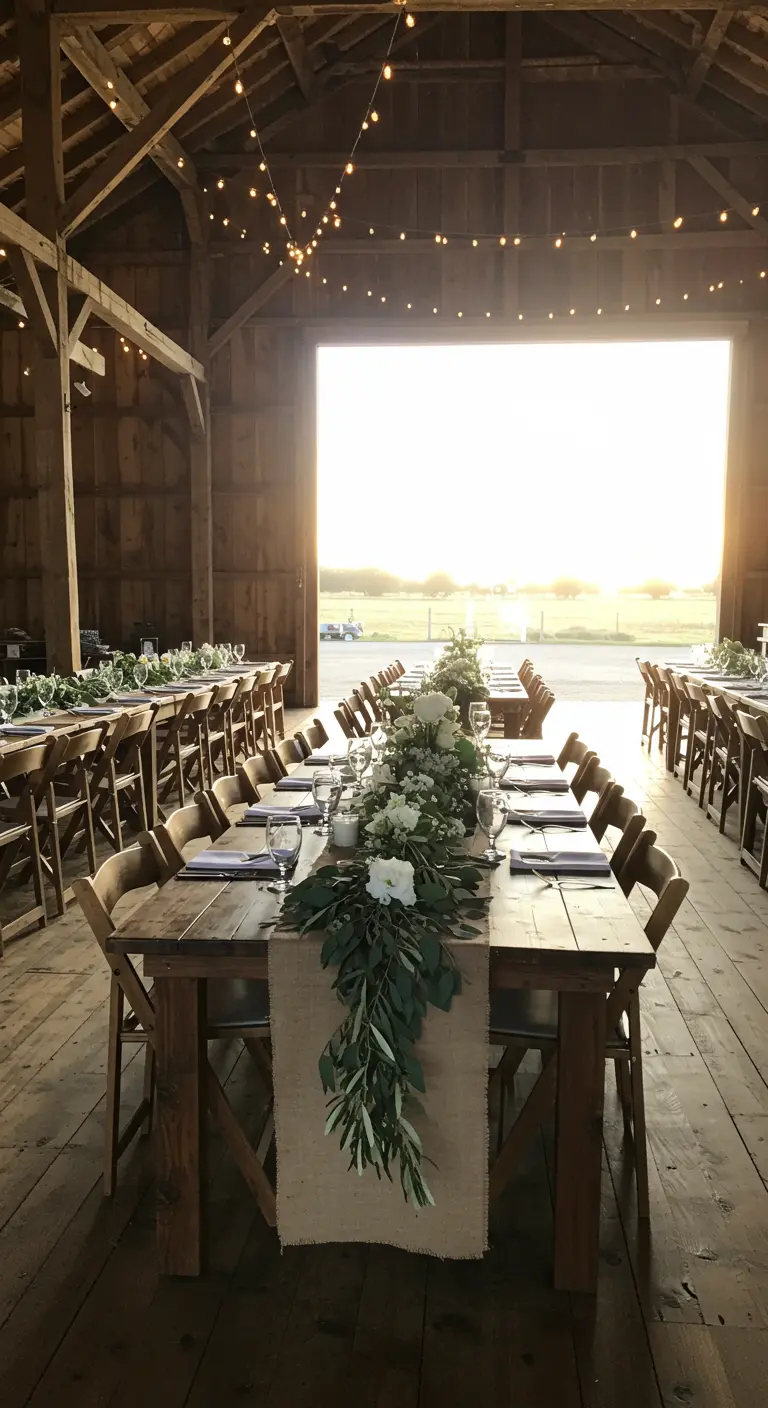 Long wooden table in a barn with a eucalyptus garland and string lights.