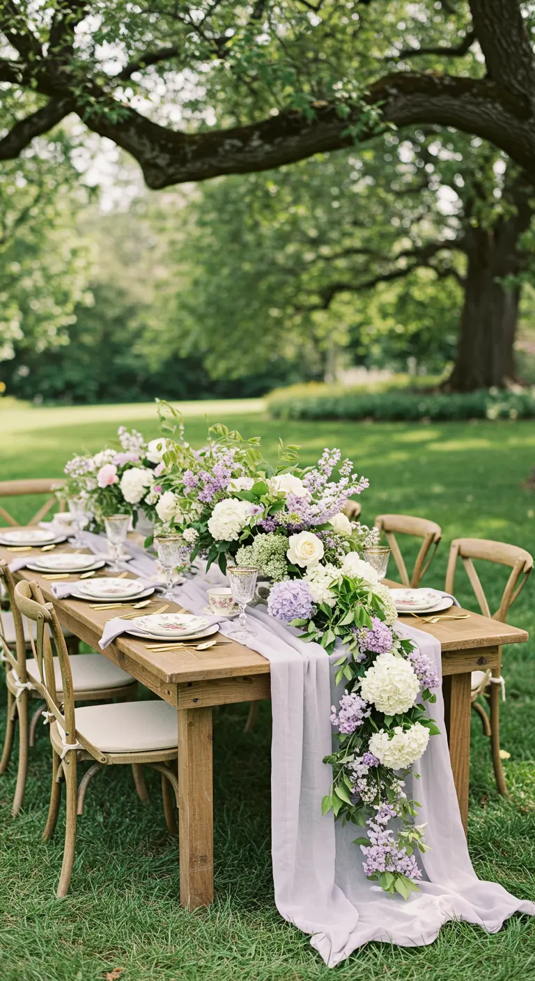 Long rustic wood table with a lavender runner and cascading white and purple flowers.