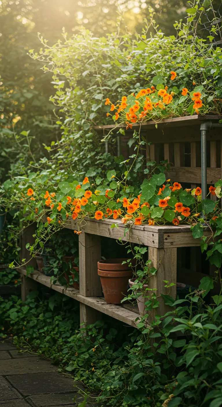 A wooden, multi-level potting bench beautifully overgrown with cascading orange nasturtium flowers.