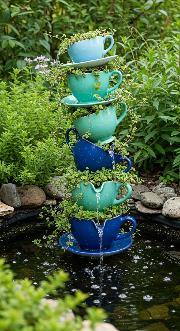 A tower of blue and green teacups functioning as a water fountain over a small pond.