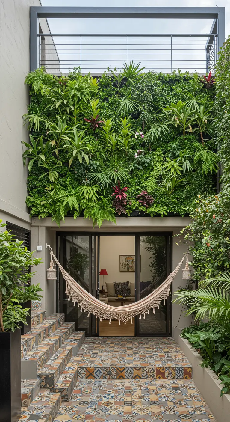 A courtyard featuring a lush living wall above a doorway and colorfully tiled steps.
