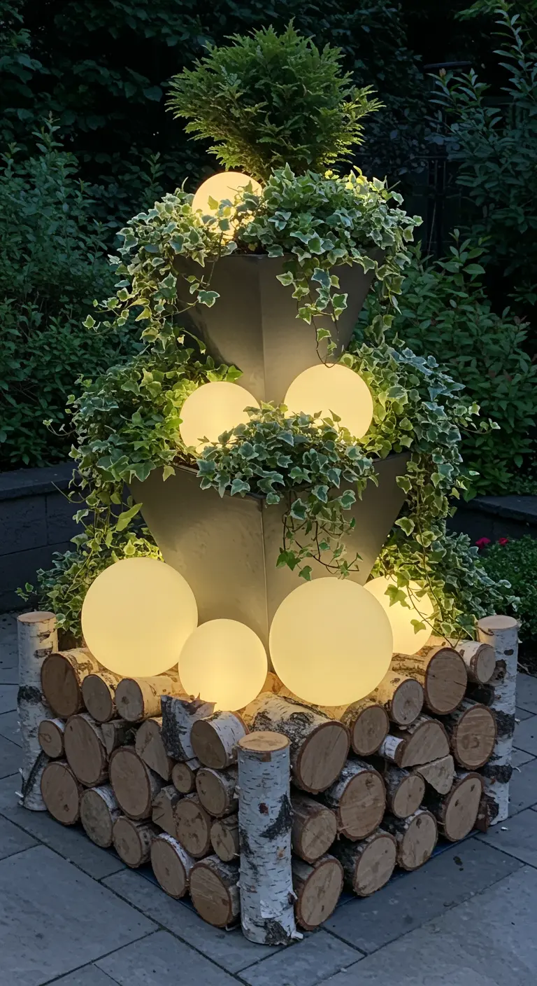 A tiered planter with cascading ivy, glowing orbs, and a base of stacked birch logs.