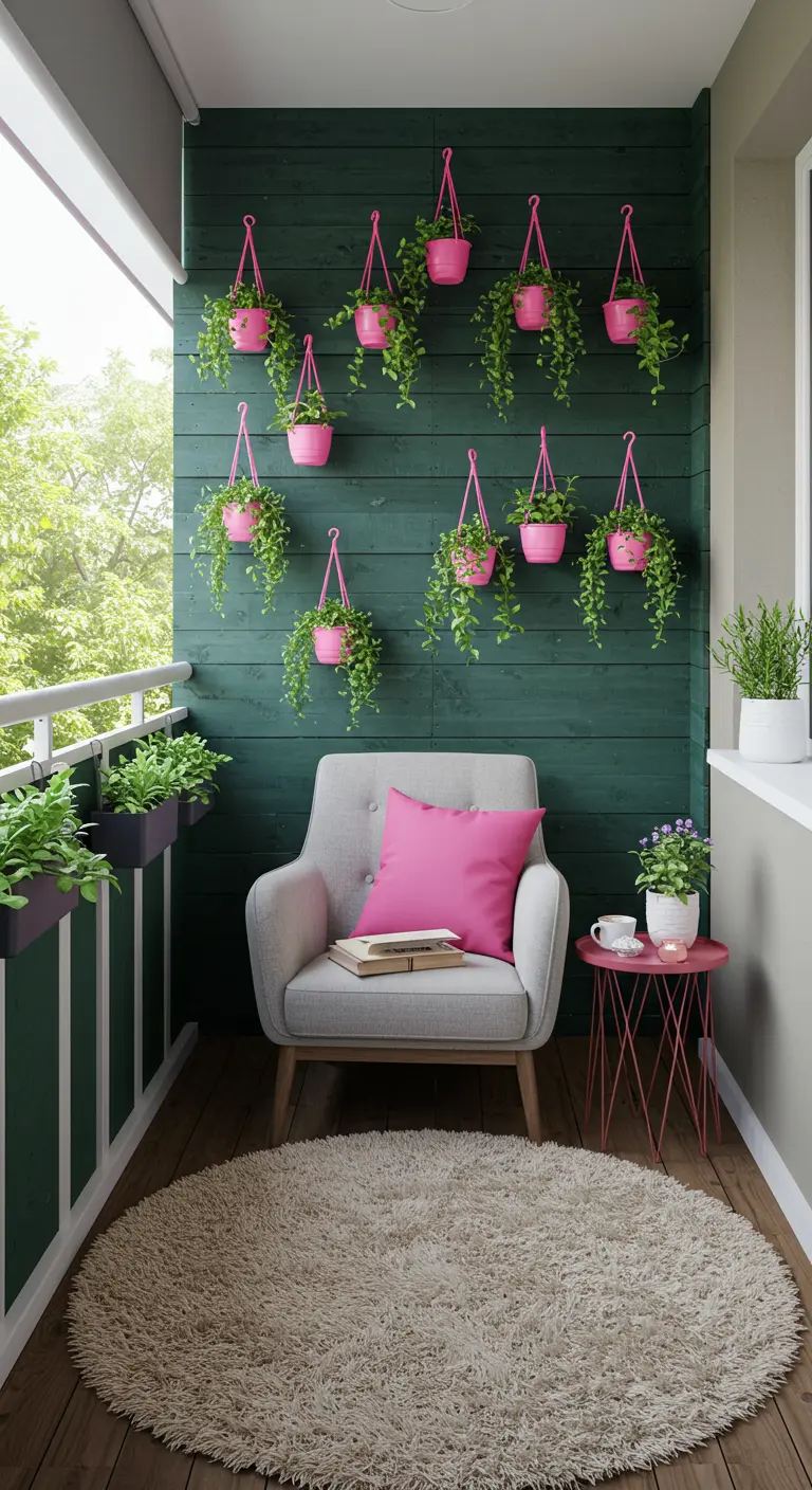 A dark green balcony wall with numerous pink planters hanging at different heights.