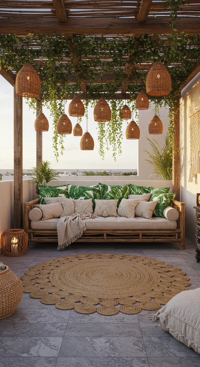 Balcony with a pergola, hanging rattan lights, and a large bamboo sofa.