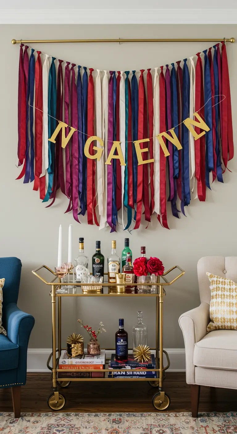 A colorful ribbon wall hanging with a gold letter banner