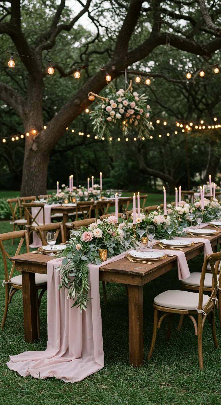 Long wooden wedding table on a lawn with a draped blush runner and floral garland under string lights.