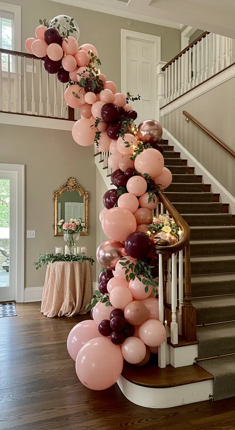 A lush balloon garland in blush and burgundy tones cascading down a staircase.