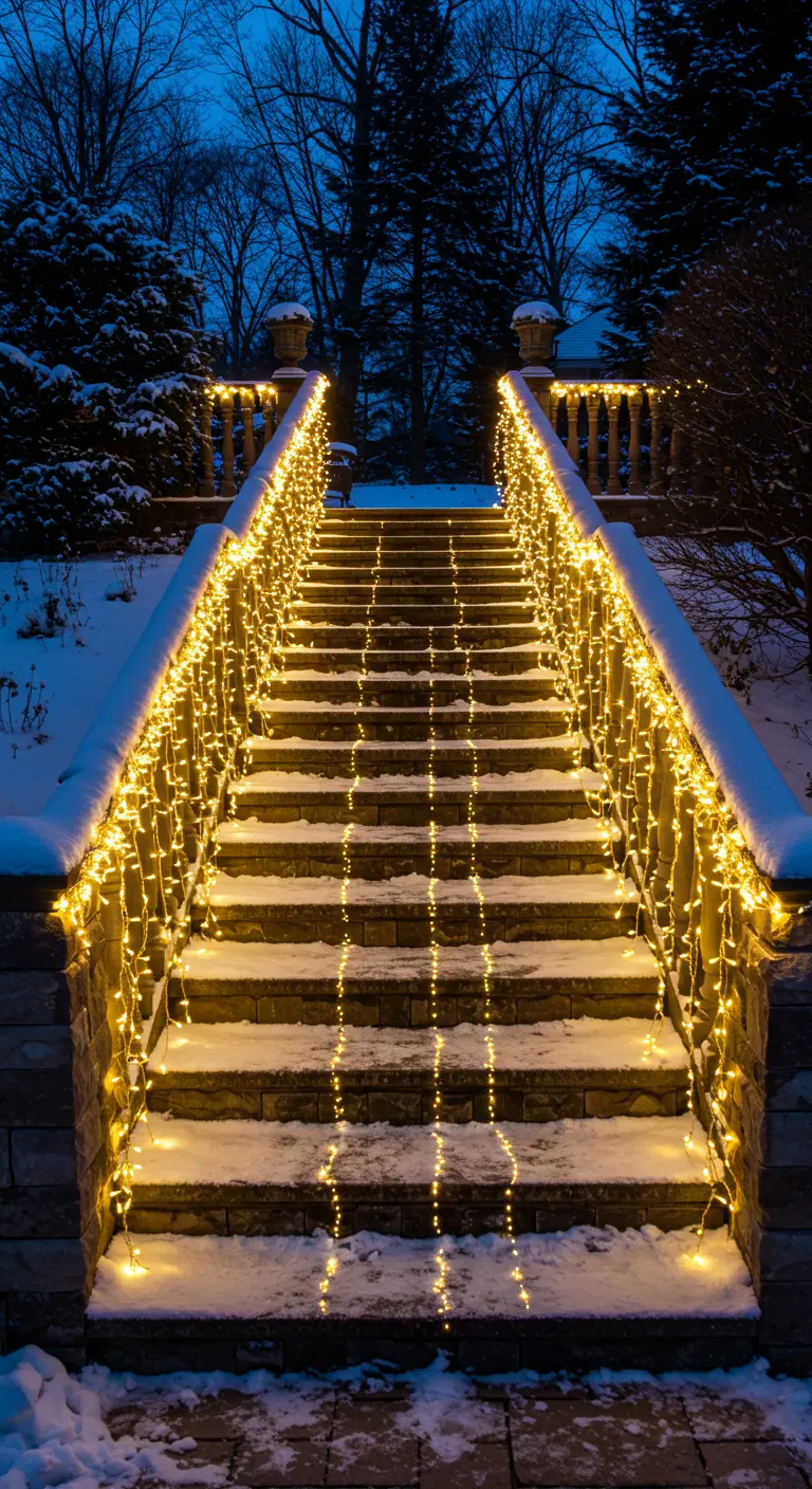 A wide stone staircase with railings elegantly draped with cascading fairy lights.