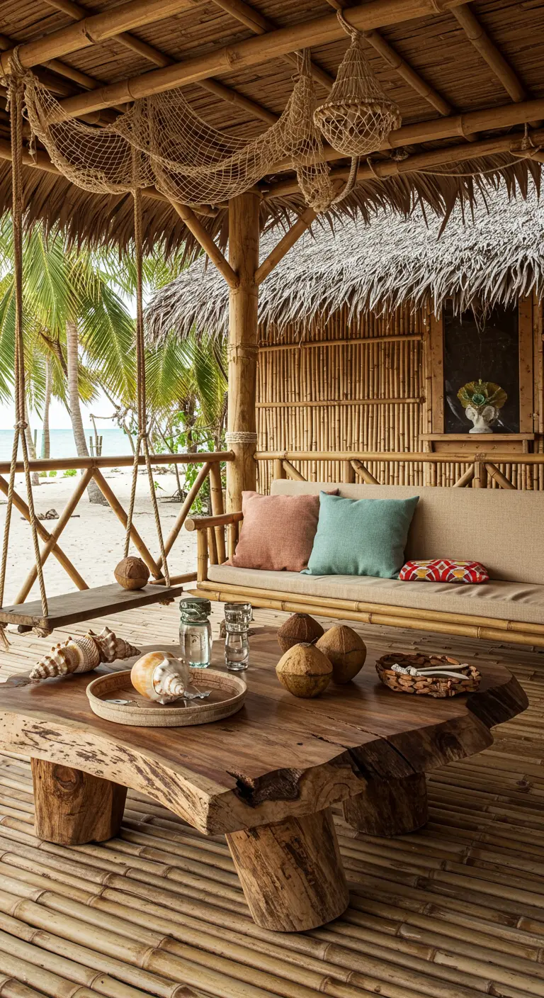 Bamboo tiki hut lounge with a large driftwood table, a hanging sofa swing, and shell decorations.