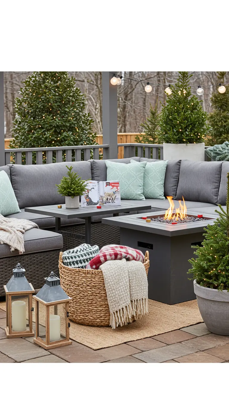 An outdoor sectional with a large wicker basket filled with plaid and cream blankets.