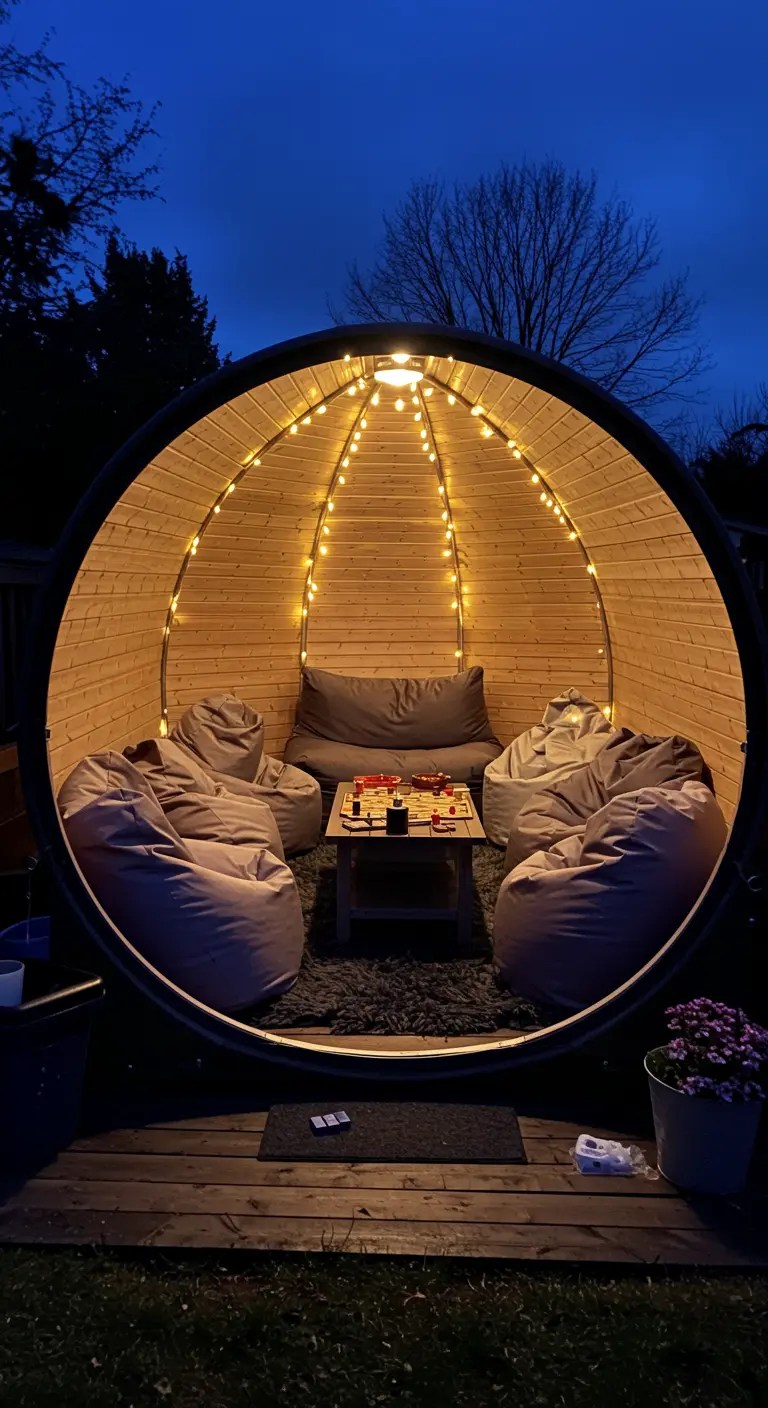A wooden pod interior with large beanbag chairs and a board game set up.