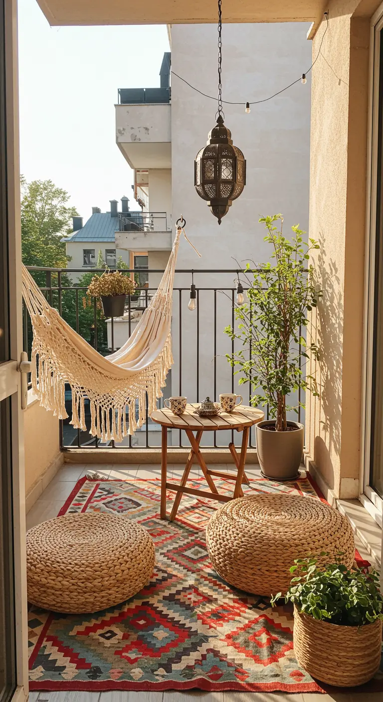 A balcony with a macrame hammock, colorful rug, woven poufs, and a small table.