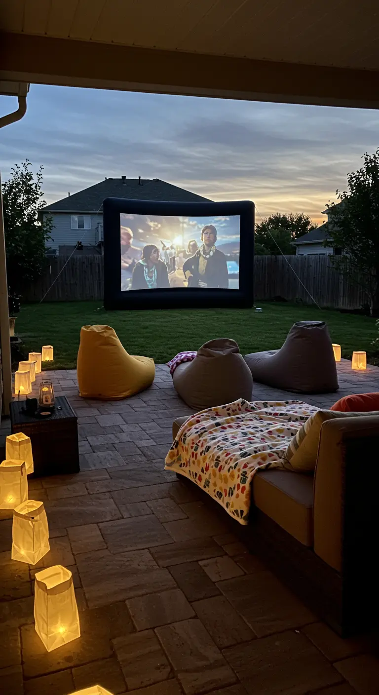 A suburban backyard with an inflatable movie screen, bean bag chairs, and paper bag luminarias.