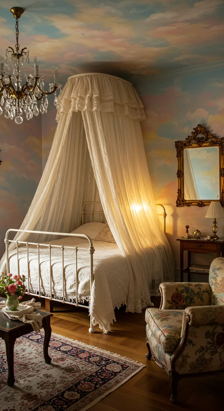 Romantic bedroom with cloud mural on the ceiling, lace canopy, and crystal chandelier.