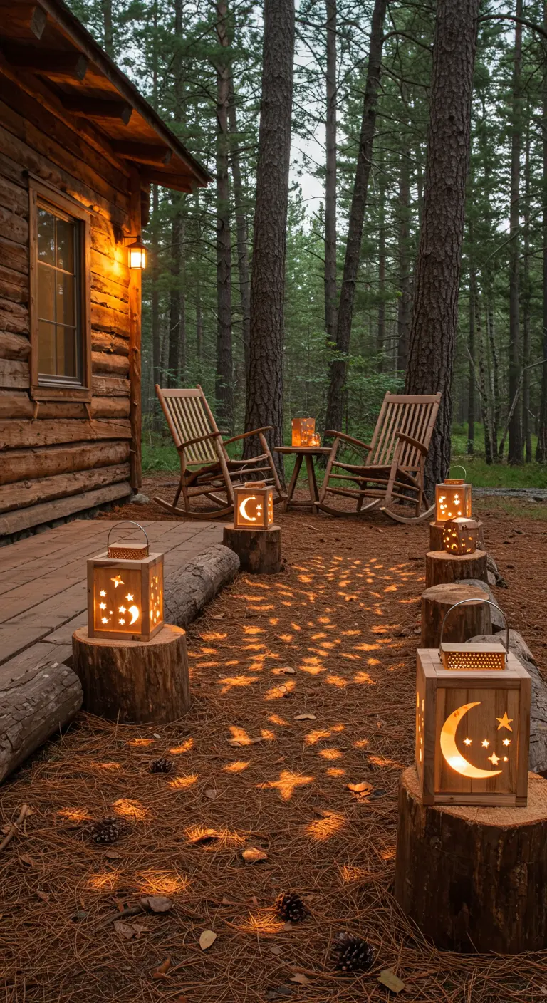 Wooden lanterns with moon and star cutouts sit on tree stumps in a pine forest, casting patterns.