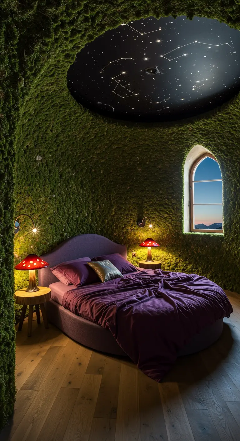 A round purple bed in a moss-covered room with a ceiling painted like a starry night sky.