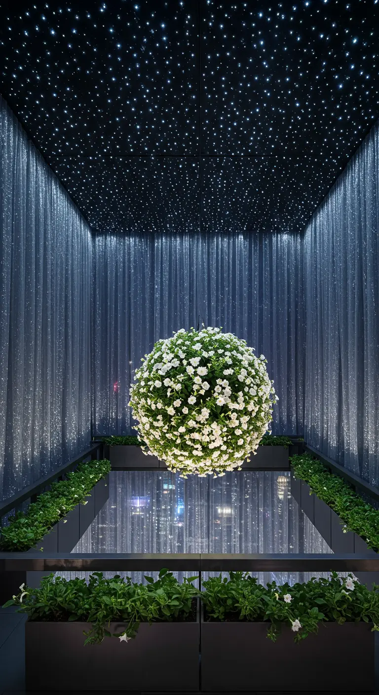 Modern balcony with a fiber optic star ceiling and a large, floating sphere of white flowers.